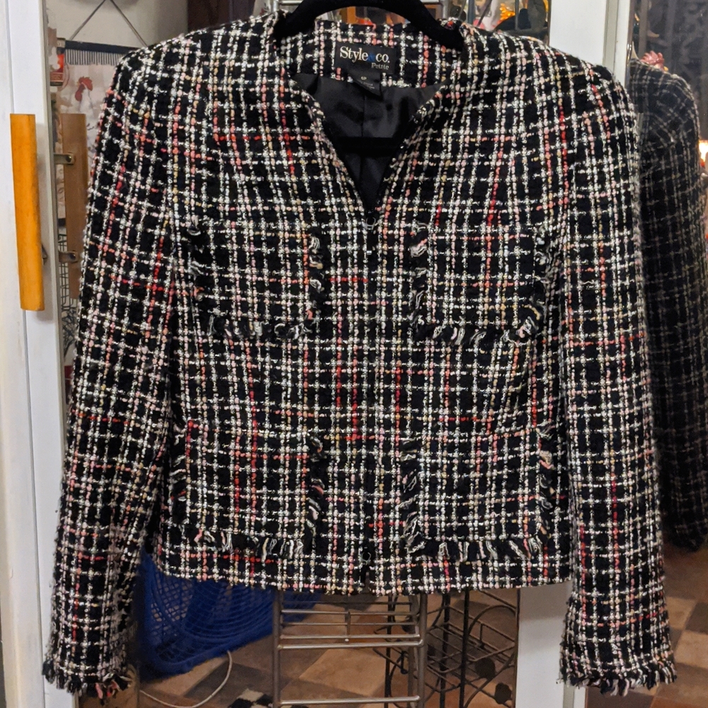 🌹Style & Co Pink White and Black Tweed Raggedy Edge Jacket